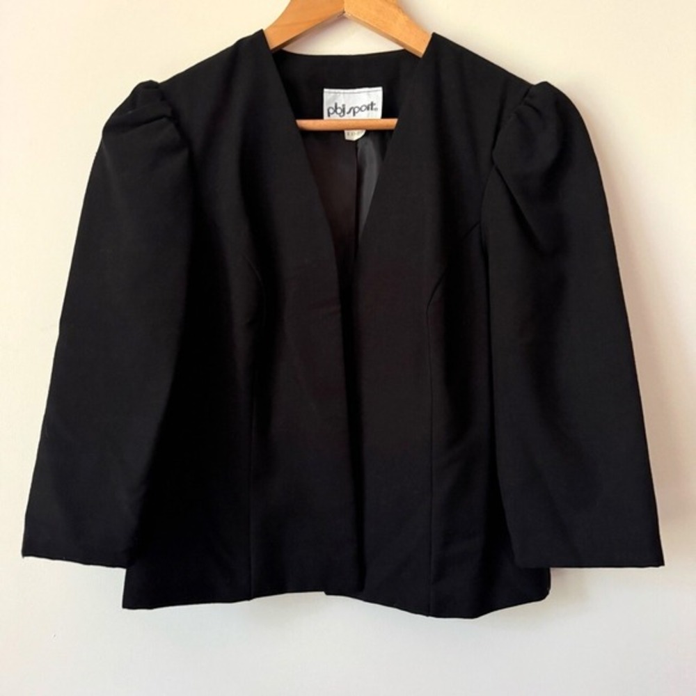 Vintage 90s Black‎ Puff Sleeve Blazer Jacket Womens Small Cropped Dark Academia